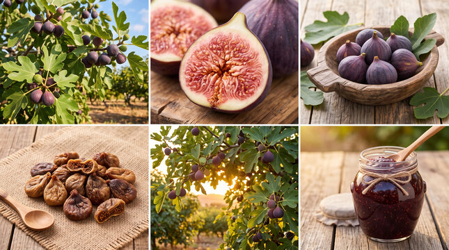 Fresh ripe figs hanging on tree branches alongside dried fruits and sweet jam jars