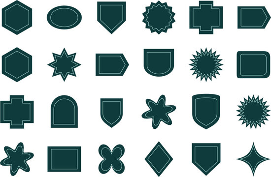Minimalist vector badges set, dark green geometric shapes and blank labels, retro sticker templates for branding, logo design elements and corporate identity