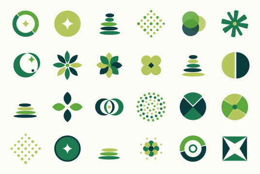 Minimalist green vector logo symbols and abstract icons set, modern branding design elements for spa and wellness identity
