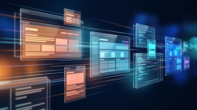 Floating transparent browser windows with data streams representing high speed web browsing and cloud based information retrieval for modern digital business environments