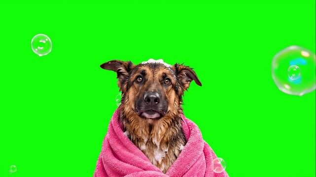 Happy wet German Shepherd dog wrapped in a bright pink towel after a bath with soap bubbles on its head, cute pet grooming and dog washing concept on green screen background