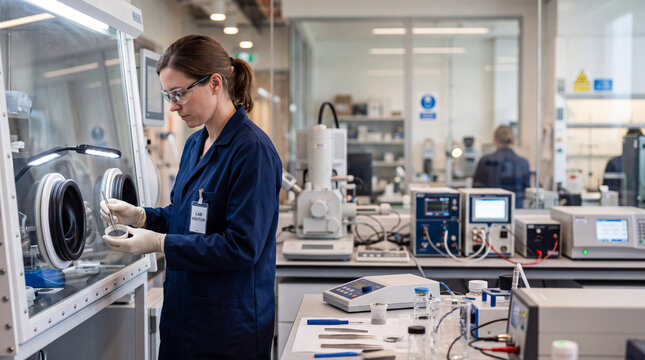 Scientist in laboratory examines lithium ion electrode materials with precision and focus