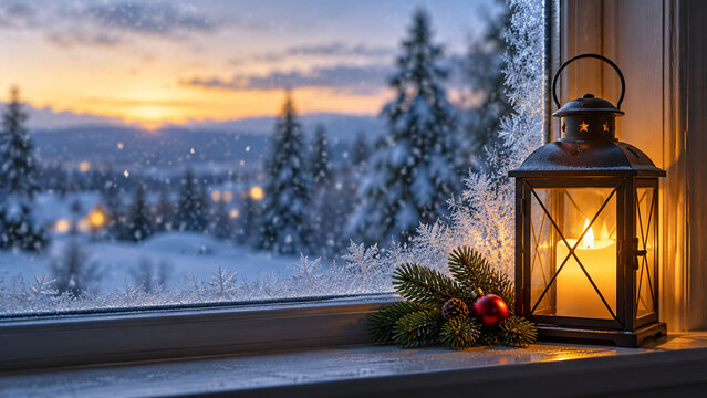 Christmas Candle Lantern by a Frosted Winter Window