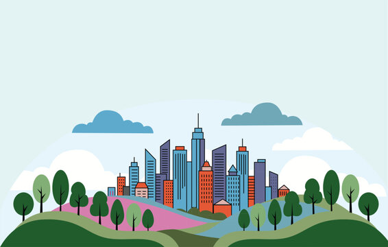 Modern city skyline with buildings and trees on hills