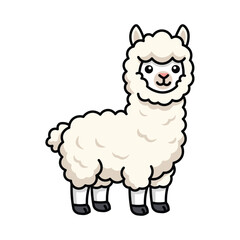 Fototapeta premium Cute fluffy white alpaca character standing and smiling with a friendly expression