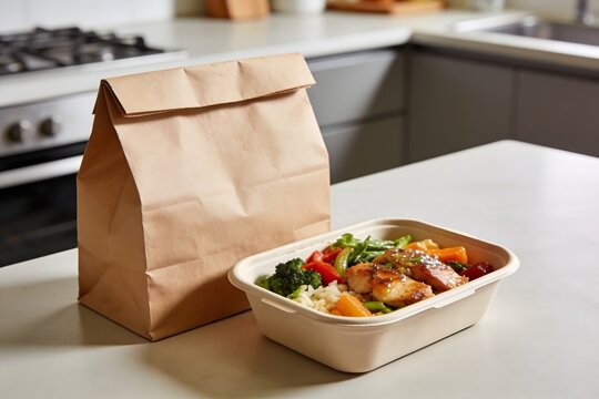 Healthy meal delivery in paper bag with grilled chicken and