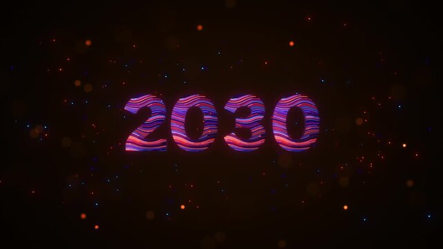 Animated 3D 2030 numerals rotate with luminous neon stripes, flowing blue and orange trails, and sparkling particles on a dark background, symbolizing future vision and innovation.