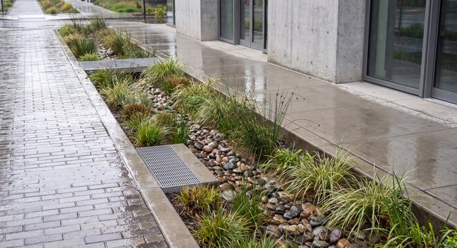 Modern concrete building facade featuring a landscaped garden bed with ornamental grasses and pebbles alongside a wet paved walkway