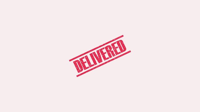Red delivered stamp with distressed texture on a light pink background