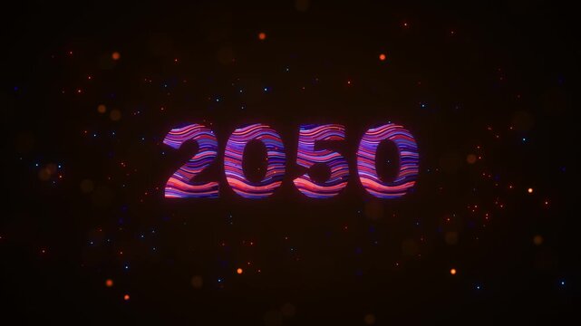 Animated 3D 2050 numerals spin with vibrant multicolored stripes, glowing particles, and flowing neon trails against a dark digital background, evoking future technology and long term visions.