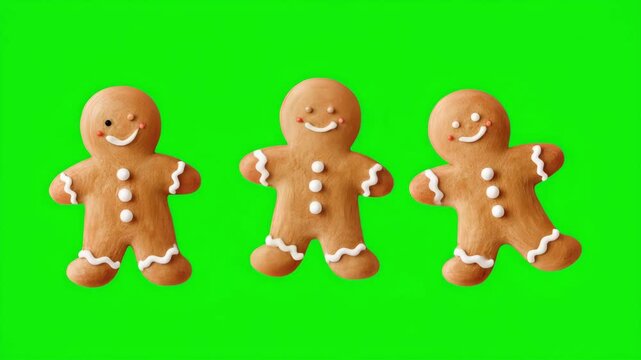 Three cute smiling gingerbread men decorated with white icing and candy buttons, traditional Christmas cookies arranged in a row on bright green screen background with copy space