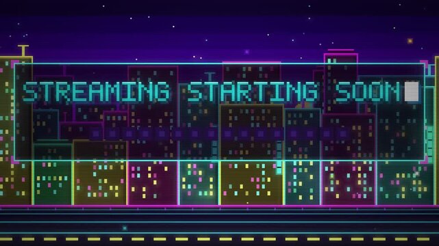 Retro Cyberpunk Streaming Starting Soon Screen with Cyan Text and Rainbow Pixel Loading Bar