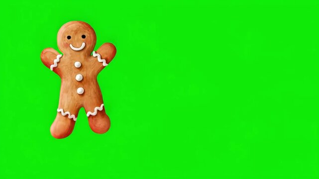 Cute smiling gingerbread man decorated with white icing and candy buttons, cheerful Christmas cookie character on bright green screen background with large copy space