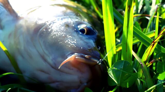 Closeup freshwater fish caught hook lying grass. Bream hooked lip river fishing.