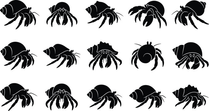 hermit crab silhouette set, marine animal shell icon collection, ocean life vector illustration
