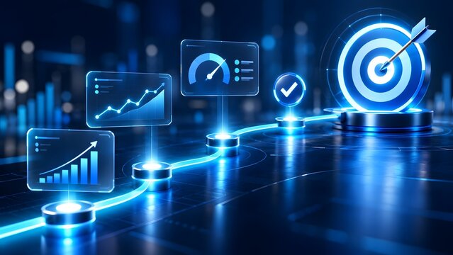 Futuristic glowing digital roadmap with floating data analytics charts leading to a target bullseye symbolizing technological business success and progress