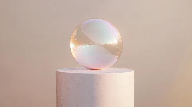 Close-up of a single oversized translucent pearl-pink bubble floating above a smooth white marble pedestal, subtle rainbow reflections, soft blush beige background, weightless surr