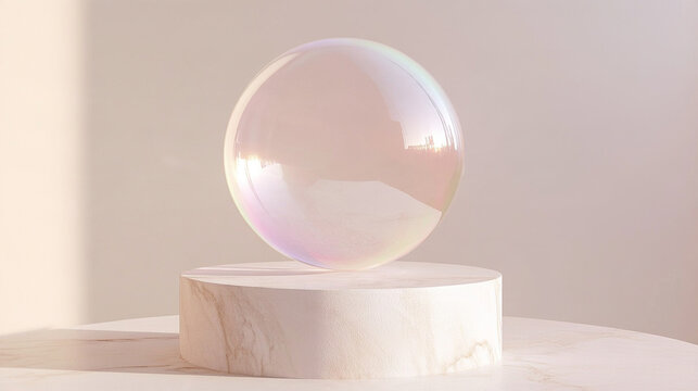 Close-up of a single oversized translucent pearl-pink bubble floating above a smooth white marble pedestal, subtle rainbow reflections, soft blush beige background, weightless surr