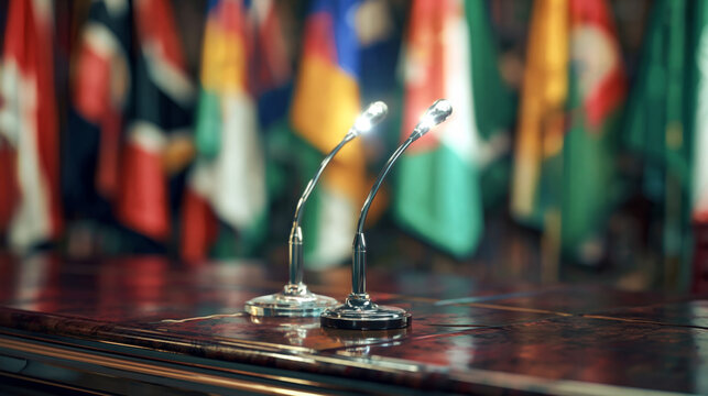 Conference microphones on podium at international diplomatic summit, government politics press briefing