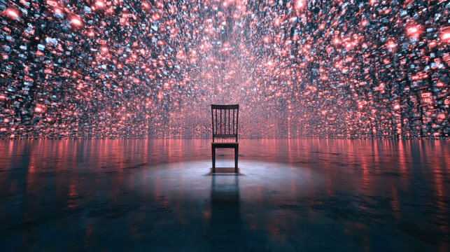 Empty chair surrounded by digital screens, cyberspace big data information overload concept