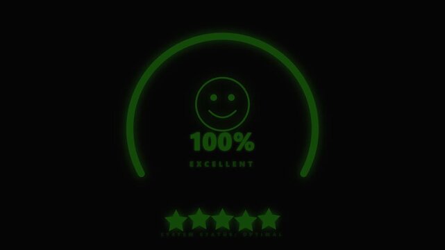 Digital scanning loading bar reaching one hundred percent with smiley face and stars