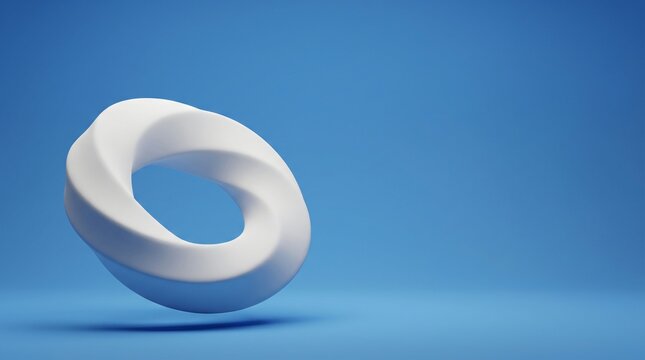 White geometric mobius ring torus background floating on blue studio, ideal for modern corporate identity, technology presentation slide decks, creative innovation posters, and business web banners