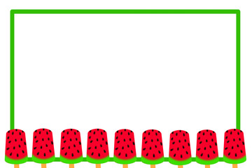 Watermelon ice cream border template. Rectangular green line frame background decorated with watermelon popsicle cartoon flat illustration. Summer fruit and dessert border frame theme. © Feridina