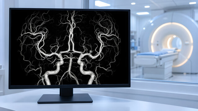 Cerebral aneurysm in brain vessels shown on a radiology monitor with grayscale angiography in a clean hospital for neurovascular healthcare communication, medical education, and patient awareness