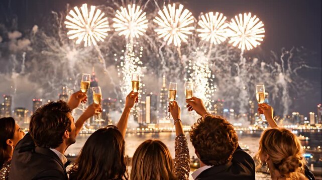 Group of friends celebrating New Year's Eve with champagne toast while spectacular red and golden fireworks illuminate the night sky above a glowing city skyline and waterfront