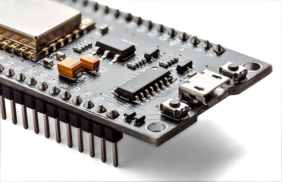Wireless microcontroller development board wifi prototyping hardware with micro usb port and pin headers for internet of things and embedded systems engineering