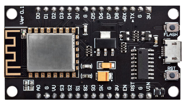 Internet of things development wifi microcontroller board with micro usb port and pin headers for electronic prototyping and wireless hardware engineering projects