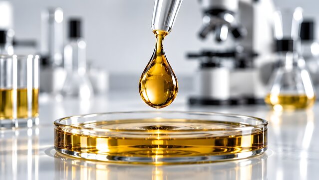 Scientific laboratory research of golden petroleum oil drop falling from pipette into glass petri dish with microscope background for chemical analysis.