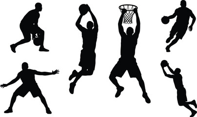 Basketball player silhouettes collection, athletes dunking shooting dribbling and defending vector © Jarin