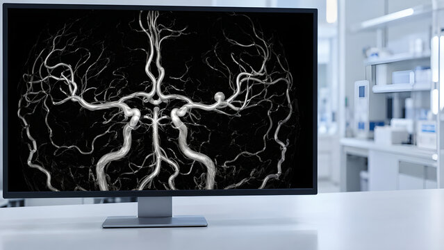 Cerebral aneurysm in brain vessels shown on a radiology monitor with grayscale angiography in a clean hospital for neurovascular healthcare communication, medical education, and patient awareness