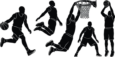 Basketball player silhouettes collection, athletes dunking shooting dribbling with hoop vector © Jarin