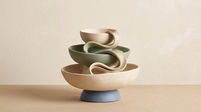 Modern abstract ceramic tabletop water fountain sculpture with stacked organic bowls in neutral earth tones