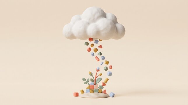 3d render of a clay cloud raining geometric shapes onto a growing plant concept
