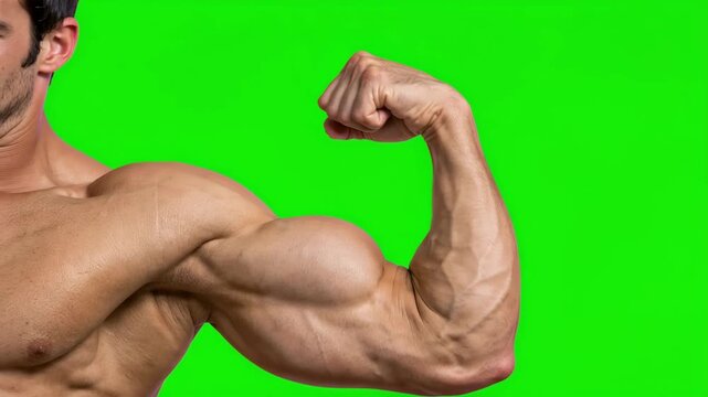 Close up of muscular man flexing his powerful biceps and showing defined arm muscles, bodybuilding strength and fitness training concept isolated on bright green screen background