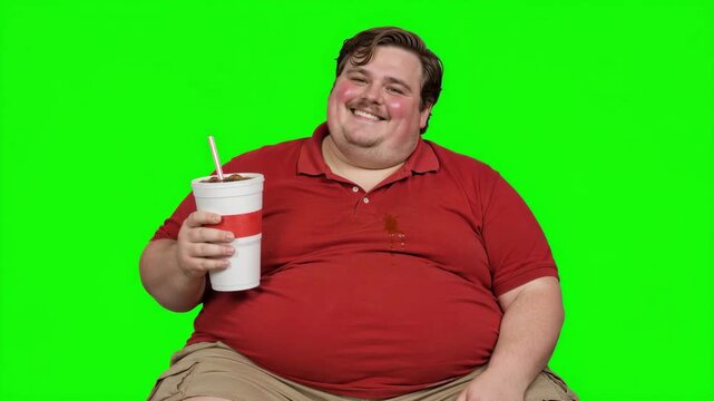 Overweight man in red polo shirt sitting and smiling while holding a large sugary soft drink cup with straw, obesity, unhealthy eating habits and fast food lifestyle concept on green screen
