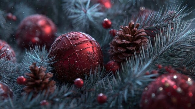 red Christmas ornaments on frosted pine needles,