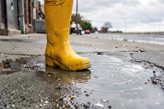 Close-up of a yellow rain boot on a wet gray sidewalk beside a shallow puddle