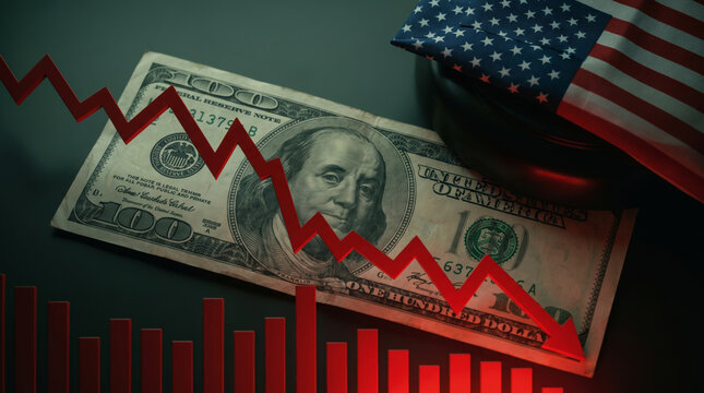 Inflation red arrow signals economy decline beside dollar bill and American flag. Financial crisis recession. stock price increase falling, bankruptcy risk loss, chart graph statistic