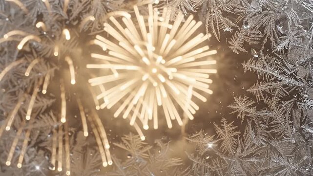 Frosted Glass Effect with Golden Fireworks - This video showcases a beautiful frosted glass effect adorned with delicate ice patterns, while soft golden fireworks burst in the background.