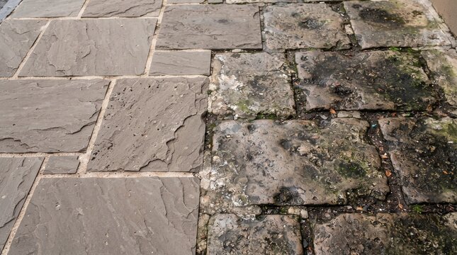 Melbourne bluestone vesicular basalt sidewalk texture transitioning from clean dark stone to algae-stained urban surface