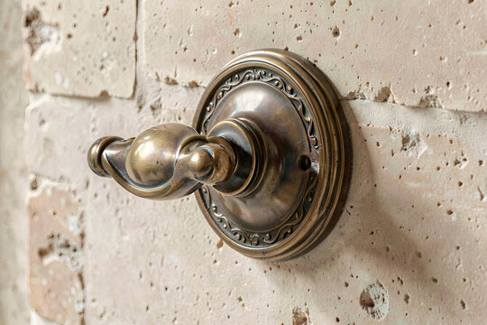 Ornate aged-bronze door handle with backplate against limestone wall