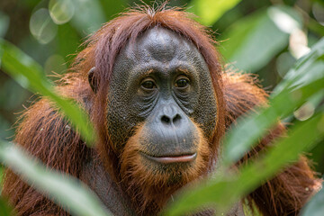 Close-up portrait of an orangutan face among softly blurred green leaves © GMeta