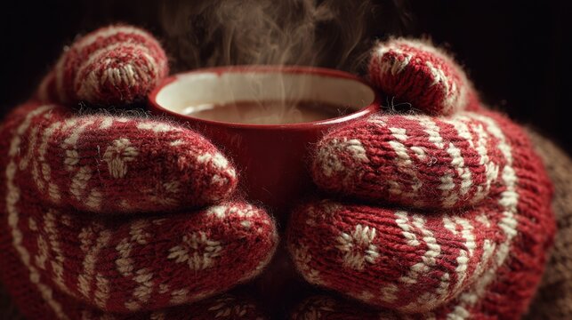 red mittens holding steaming hot cocoa,