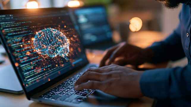 Cropped hands of a businessman typing on a laptop with a digital brain graphic code lines and a chatbot window on the screen face out of frame AI machine learning chatbot