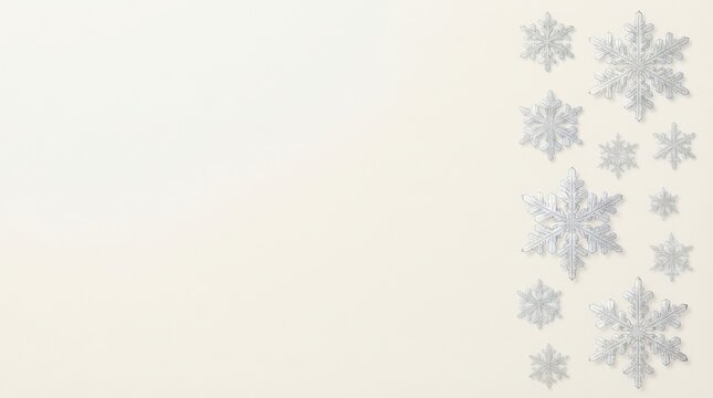 Shiny silver snowflakes arranged on the right side of a light background