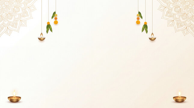 Elegant Indian Diwali Greeting Card Background Featuring Minimal Gold Mandala Ornaments, Hanging Traditional Oil Lamps and Mango Leaf Decorations on Cream White